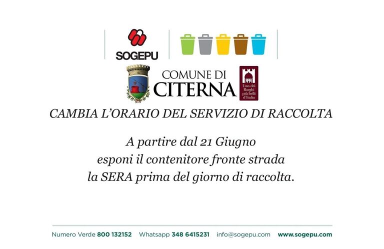 Citerna – Cambia l’orario della raccolta differenziata Vicesindaco Carlini: “Una scelta che migliora il servizio e il decoro urbano”