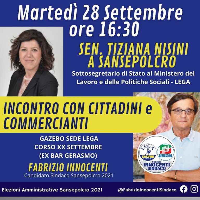 Domani, martedì 28 settembre, il Sottosegretario al Ministero del lavoro Tiziana Nisini incontra i cittadini