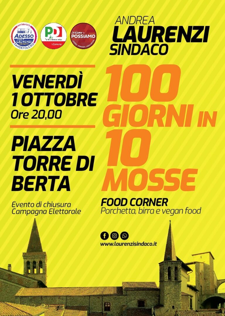 Si chiude la campagna elettorale di Andrea Laurenzi. Venerdì 1° ottobre si terrà in Piazza Torre di Berta l’evento “100 giorni in 10 mosse”,