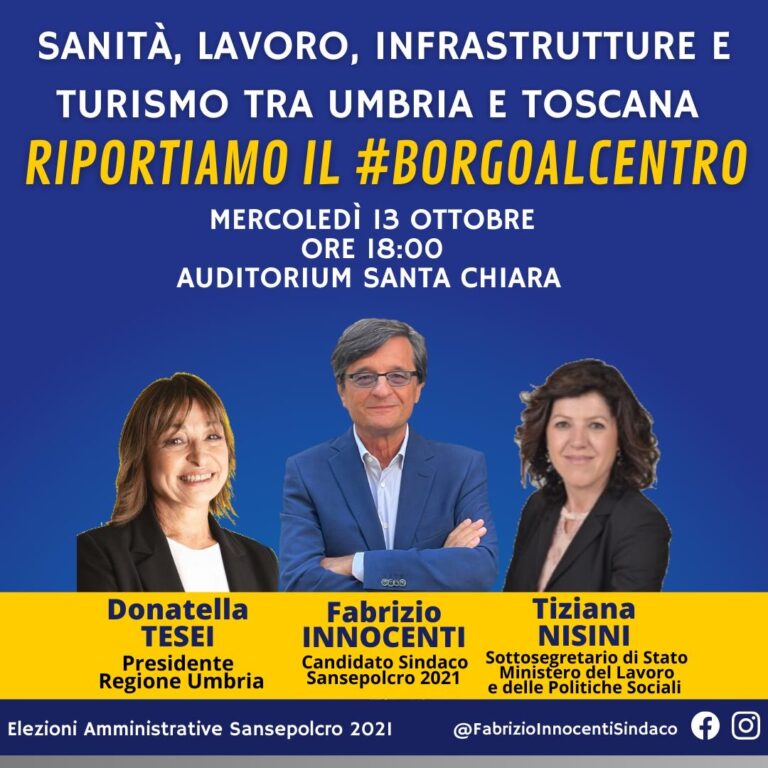 “La Presidente della Regione Umbria Donatella Tesei e il Sottosegretario Tiziana Nisini a Sansepolcro per parlare di Sanità, sinergie fra Toscana e Umbria e tematiche attuali legate al mondo del Lavoro”