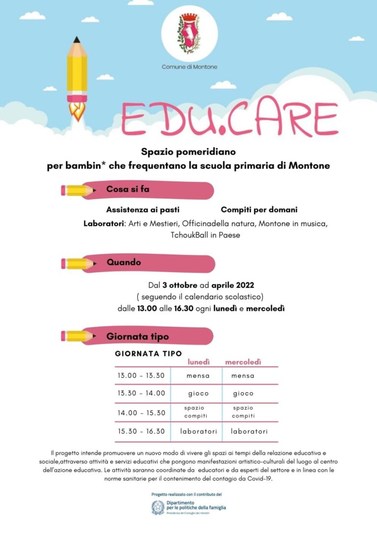 Montone – Al via il progetto Edu.Care. Un nuovo spazio pomeridiano per i bambini della primaria. Iscrizioni aperte