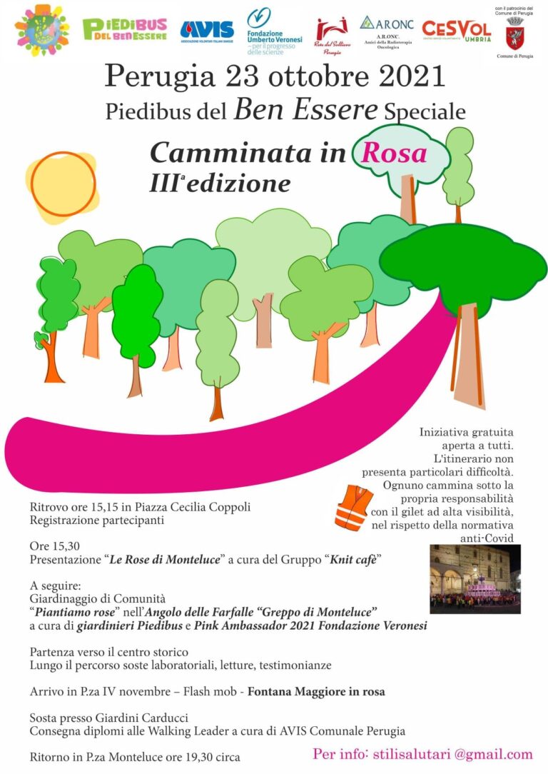 A Perugia si “Cammina in Rosa”. Sabato 23 ottobre il Piedibus del Ben Essere al fianco delle donne per prevenire il tumore al seno e promuovere salute