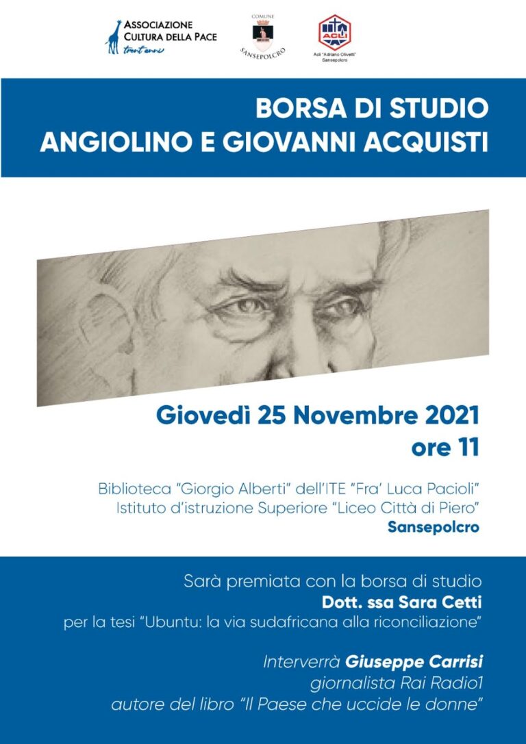 Sansepolcro: Borsa di Studio dedicata alla nonviolenza, giovedì 25 Novembre la cerimonia di consegna