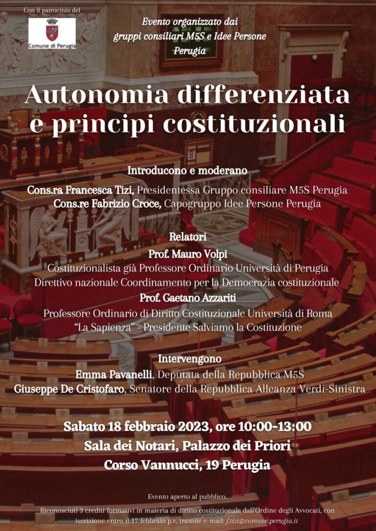 Perugia. Autonomia differenziata e principi costituzionali: la Costituzione è a rischio? Se ne parla sabato 18 febbraio dalle 10 alla Sala dei Notari