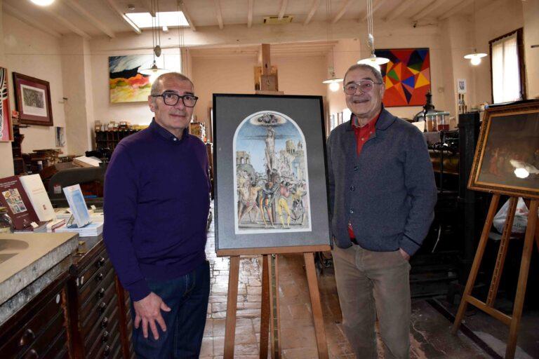 Perugino-Signorelli 500. Città di Castello. Alla Tipografia Grifani Donati riprodotto “il Martirio di San Sebastiano” con l’antichissima e rara tecnica della litografia su pietra dall’artista Fabio Mariacci