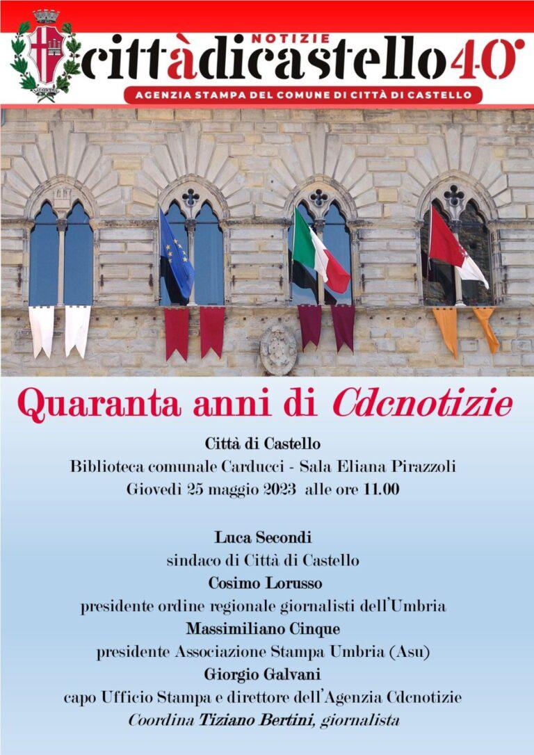 Quaranta anni di “Cdcnotizie”, agenzia di stampa del comune di Città di Castello: giovedi 25 maggio alle ore 11 presso la sala “Eliana Pirazzoli” della Biblioteca “G.Carducci”, la cerimonia celebrativa