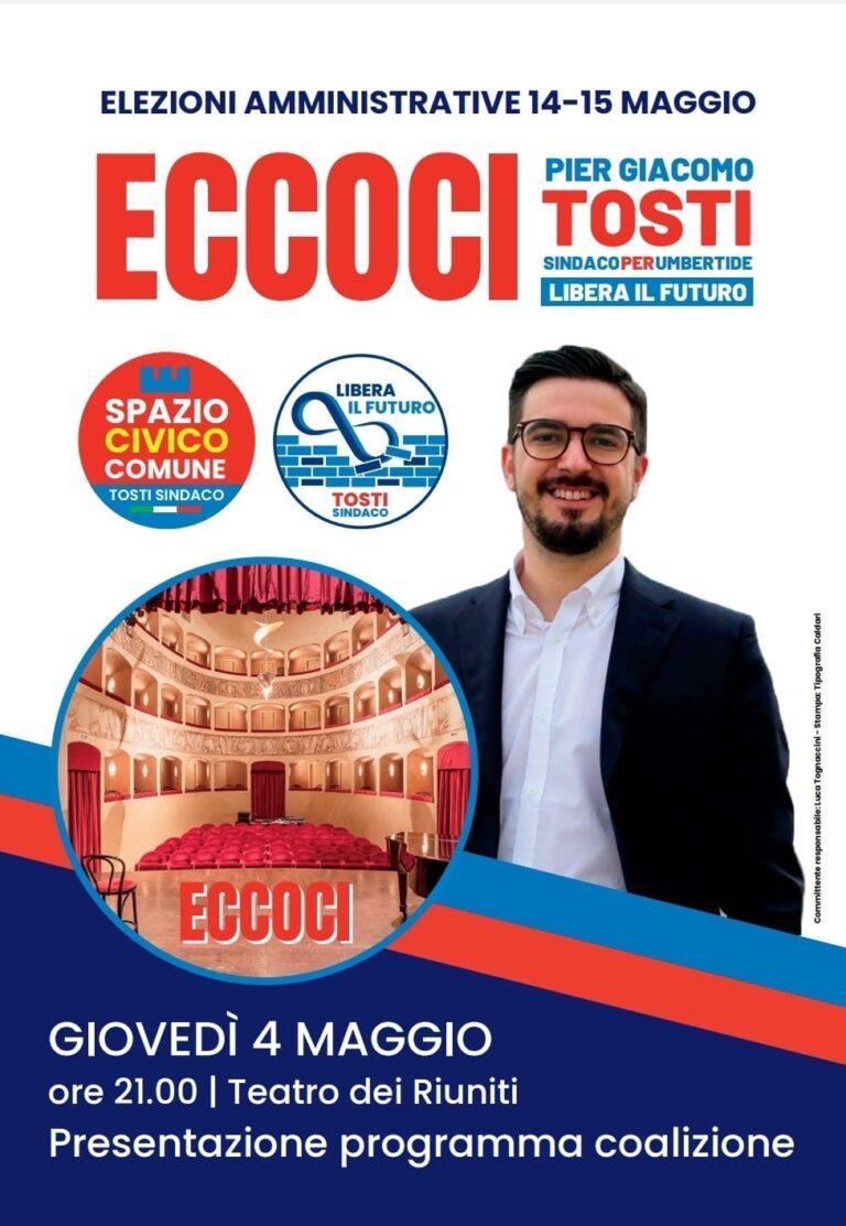 Giovedì 4 maggio la coalizione civica a sostegno di Pier Giacomo Tosti Sindaco per Umbertide presenta il proprio programma