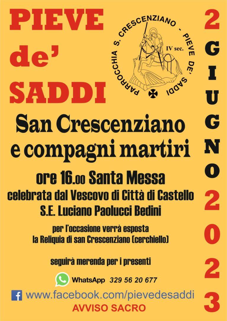 2 giugno. Memoria di San Crescenziano e compagni martiri. Le celebrazioni a Pieve de’ Saddi