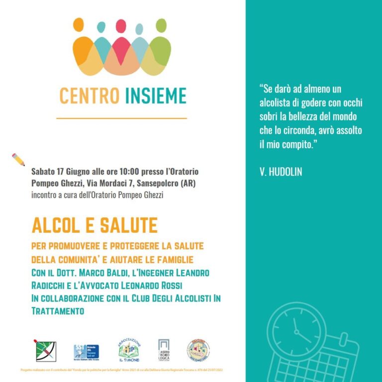 ALCOL E SALUTE per promuovere e proteggere la salute dellacomunità e aiutare le famiglie, se ne parla il 17 giugno a Sansepolcro