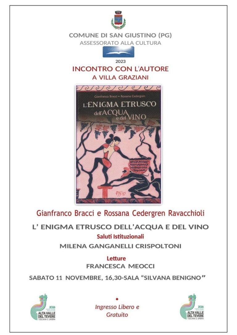 San Giustino – “Incontro con l’Autore”, sabato 11 novembre nuovo appuntamento culturale a Villa Graziani. Presentazione del libro “L’enigma Etrusco dell’acqua e del vino”