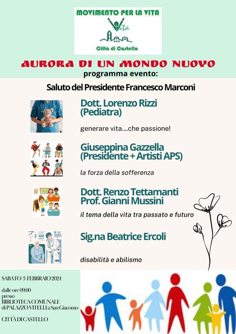Movimento per la Vita di Città di Castello: “Aurora di un mondo nuovo” sabato 3 febbraio, biblioteca Carducci