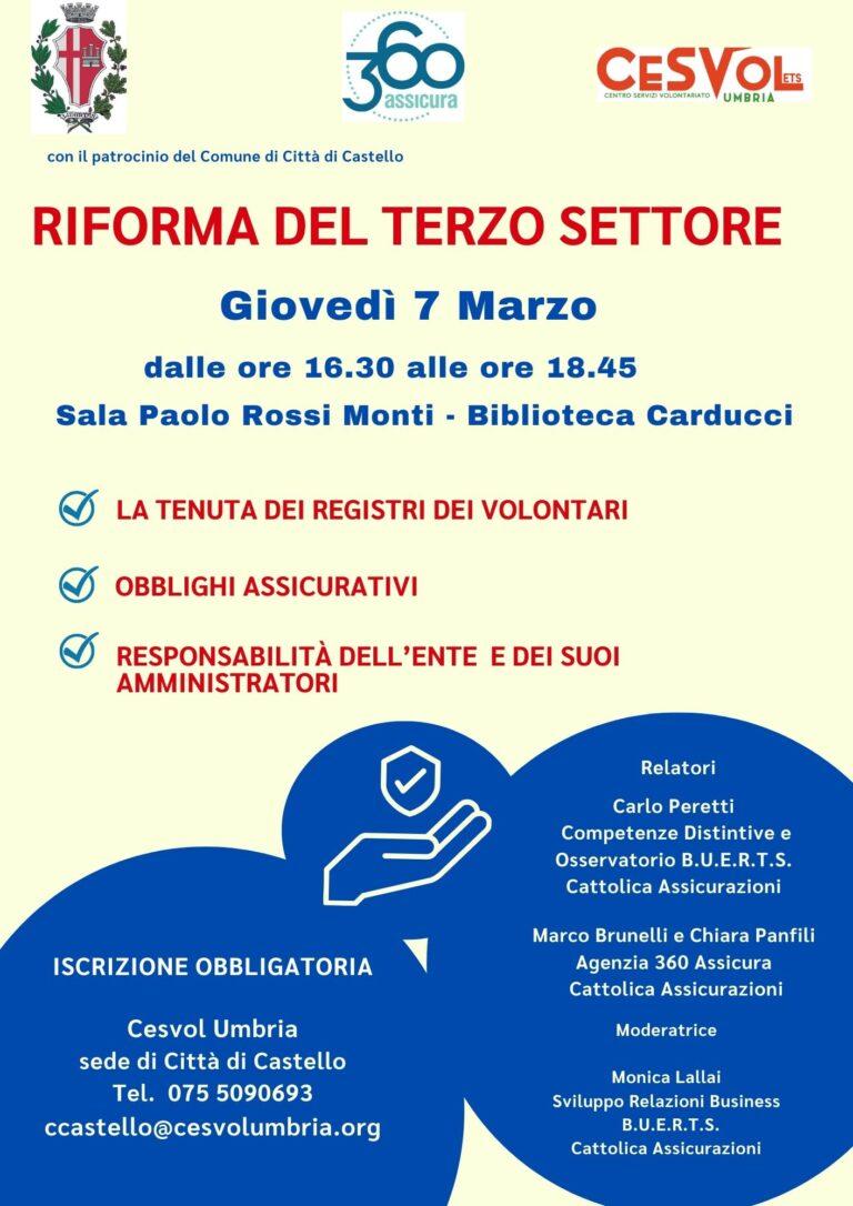 “Riforma del terzo settore”, alla Biblioteca Carducci di Città di Castello giovedi 7 marzo incontro sul tema