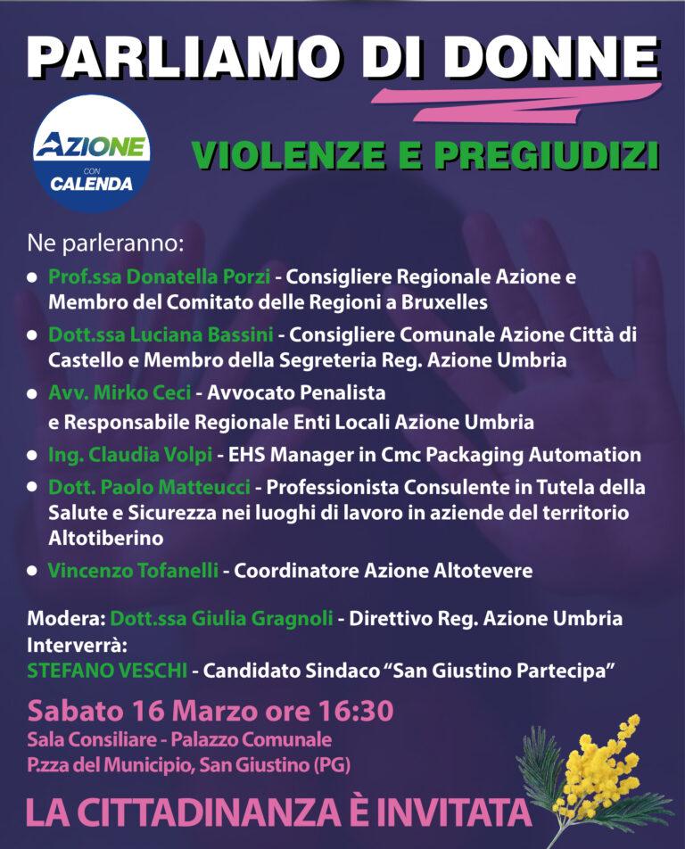Azione Altotevere – San Giustino PARLIAMO DI DONNE: VIOLENZE e PREGIUDIZI, sabato 16 marzo, ore 16.30,  presso la Sala consiliare di San Giustino