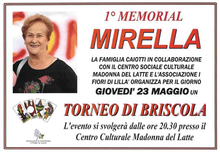 Tutto pronto per il “1° Memorial Mirella” un torneo di briscola al Centro Culturale Madonna del Latte in memoria di Mirella
