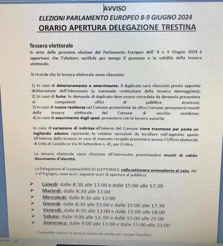 Elezioni Parlamento Europeo, 8 e 9 Giugno – Tessera Elettorale: orari di apertura al pubblico delegazione di Trestina
