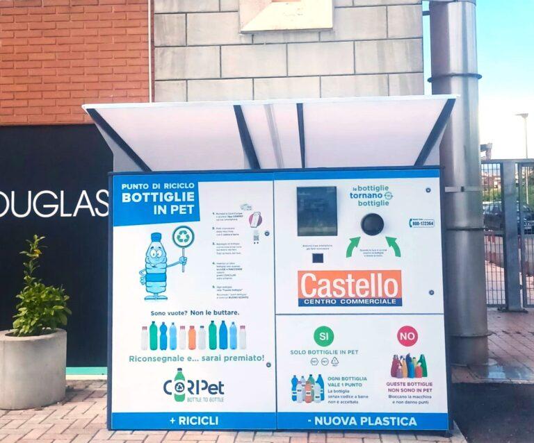 Al Centro commerciale Castello installato un compattatore Coripet per avviare a riciclo le bottiglie in Pet: ogni 300 bottiglie una gift card di 5 euro