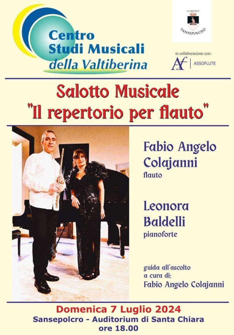 “Il repertorio per flauto” all’Auditorium Santa Chiara di Sansepolcro domenica 7 luglio salotto musicale con Fabio Angelo Colajanni al flauto e Leonora Baldelli al pianoforte