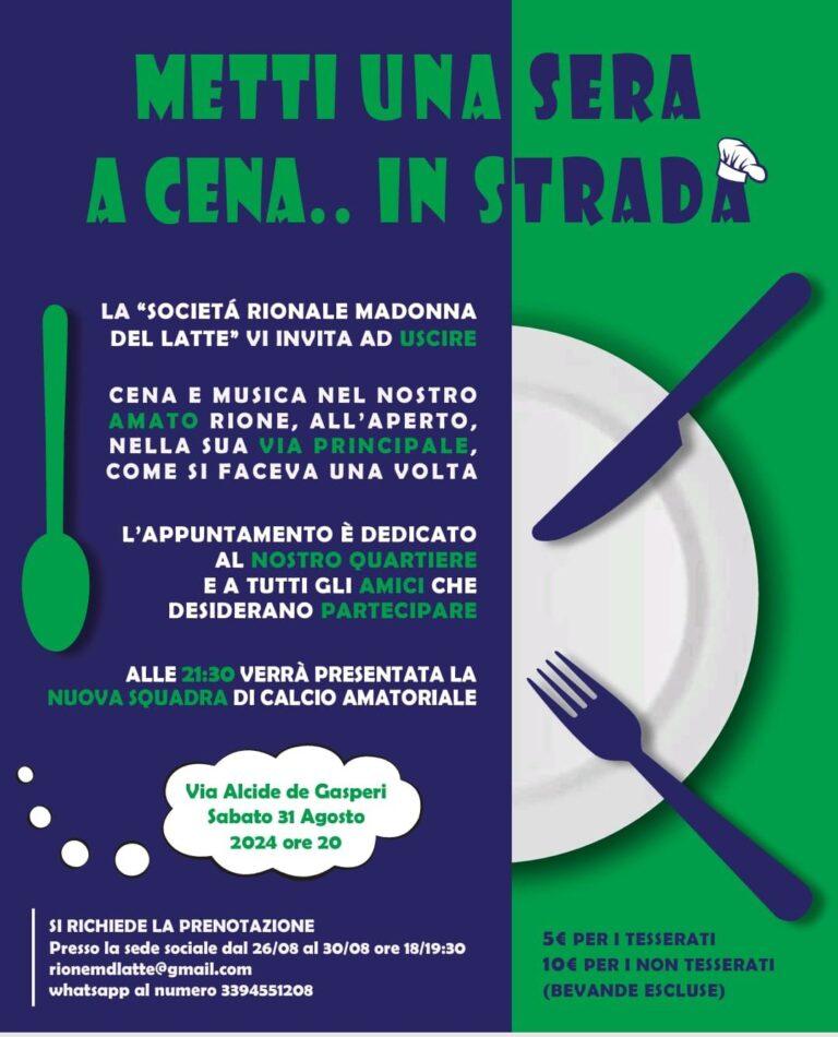 Via De Gasperi chiusa al traffico: sabato 31 agosto gli abitanti della Madonna del Latte si riuniranno a cena lungo la centralissima strada del quartiere