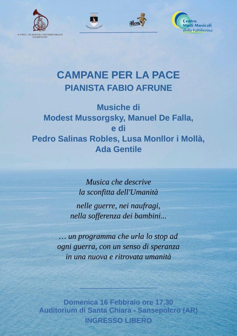 “Campane per la Pace”: all’Auditorium Santa Chiara di Sansepolcro domenica 16 febbraio il concerto del pianista Fabio Afrune