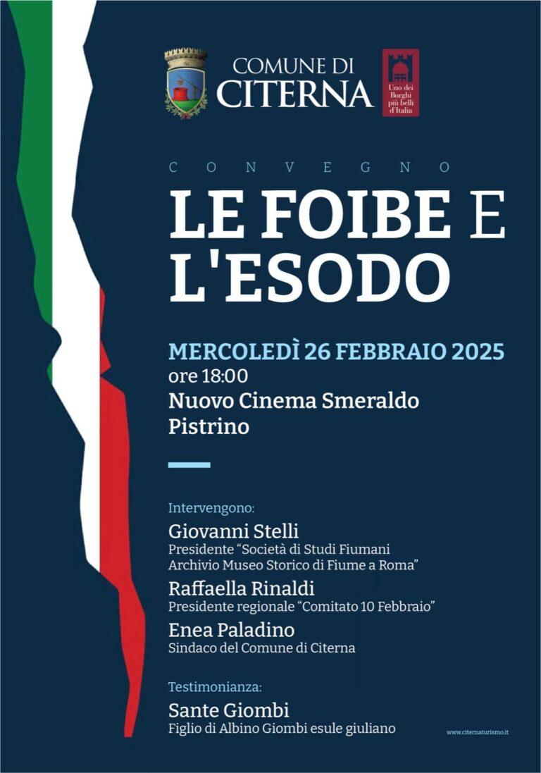 Mercoledì 26 febbraio il convegno “Le Foibe e l’Esodo” appuntamento alle ore 18:00 presso il Cinema Smeraldo di Pistrino