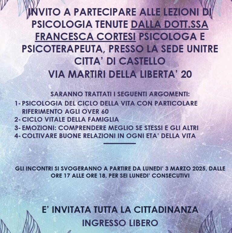 Unitre di Città di Castello: ciclo di lezioni di psicologia aperto alla partecipazione di tutta la cittadinanza
