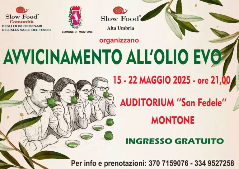 Montone – Due incontri dedicati all’olio EVOAppuntamento il 15 e 22 maggio all’Auditorium San Fedele