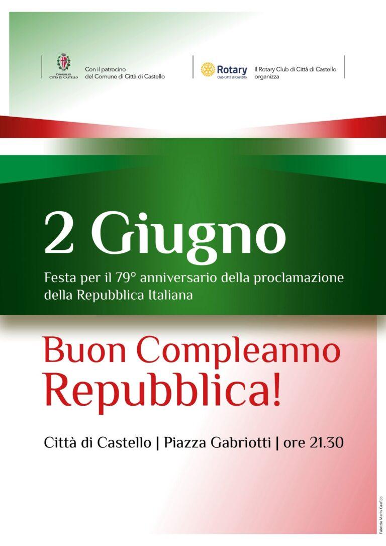 Festa della Repubblica fra storia, tradizione e novità a Città di Castello con la torre civica fasciata di tricolore, musica ed esibizione artistica