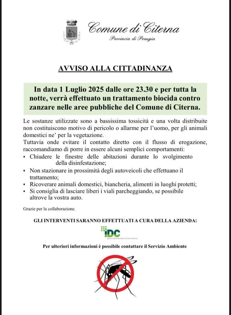 Trattamento biocida contro le zanzare a Citerna: avviso alla cittadinanza
