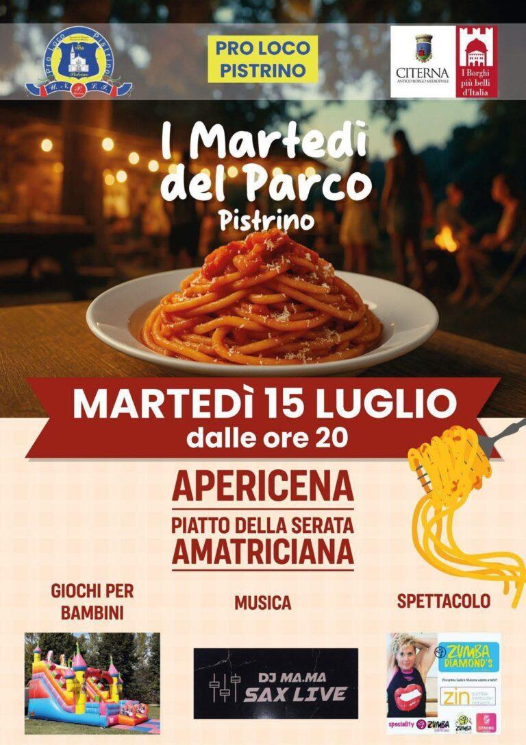 Proloco Pistrino: “Martedì del Parco” questa sera protagonista l’immancabile amatriciana