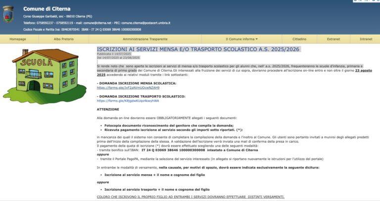 Servizi mensa e trasporti: iscrizioni aperte a Citerna per l’anno scolastico 2025/2026