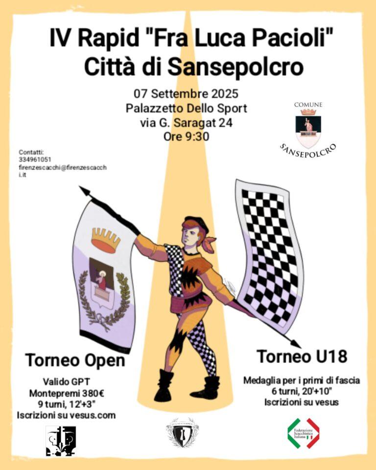 Scacchi: Domenica 7 settembre al palasport la quarta edizione di Rapid “Fra Luca Pacioli” – Città di Sansepolcro