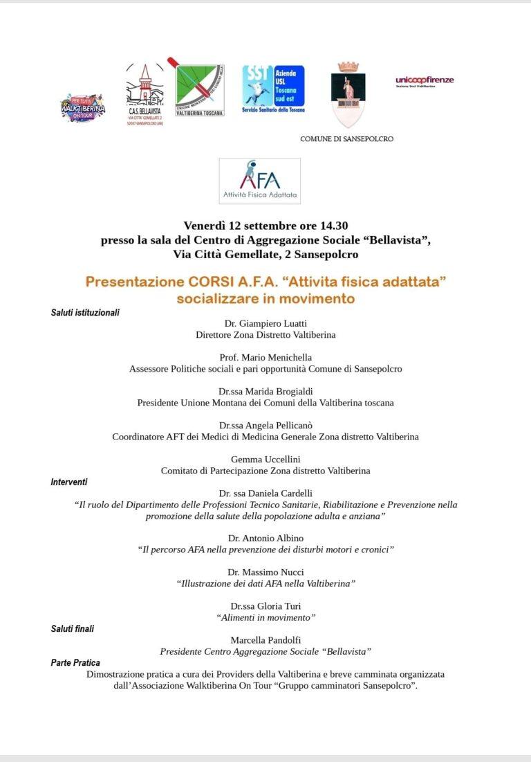 Venerdì 12 settembre a Sansepolcro la presentazione corsi A.F.A. per la salute e il benessere