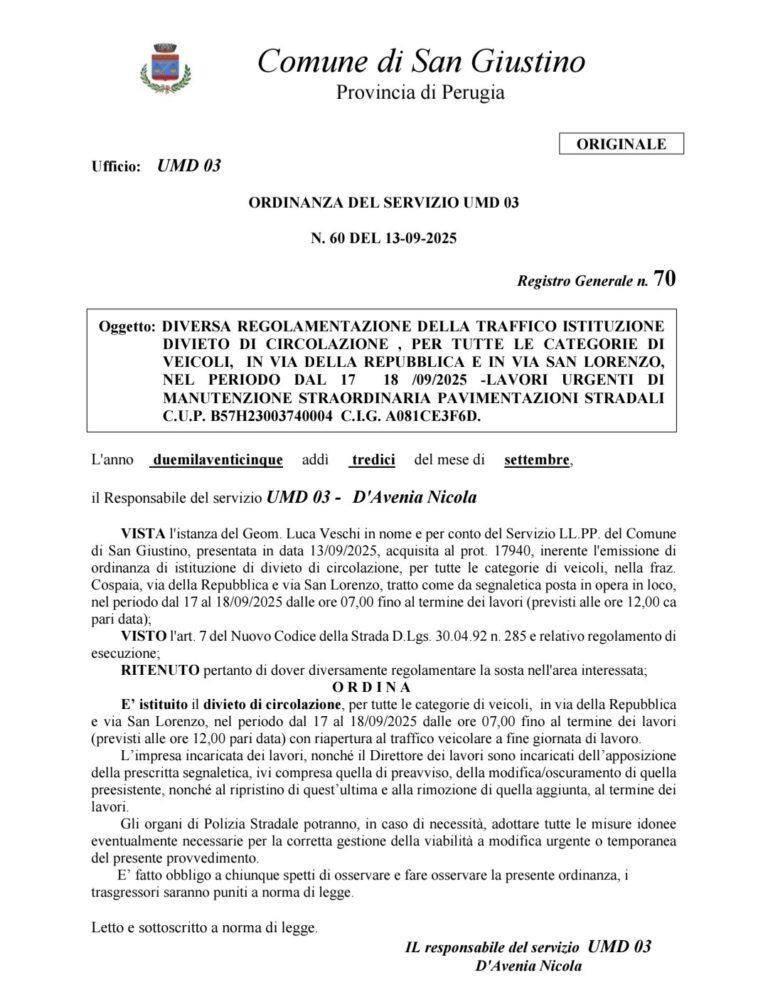 San Giustino, lavori al centro di Cospaia: divieto di circolazione in Via della Repubblica e Via San Lorenzo