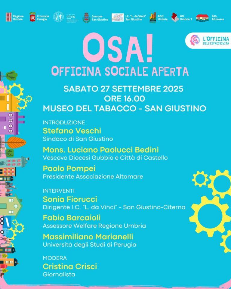 Sabato 27 settembre prossimo a San Giustino “l’Officina della Socialità”: incontro su tematiche sociali ed educative