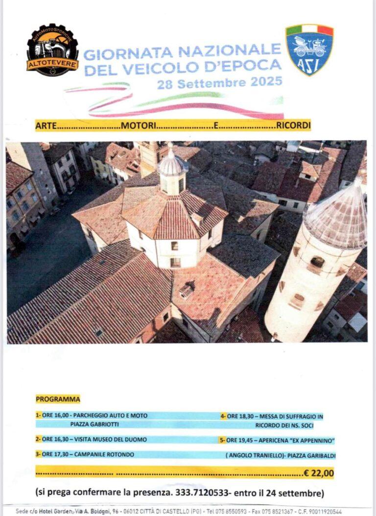 Giornata Nazionale del Veicolo d’Epoca: il Club Auto Moto Storiche Alto Tevere organizza un’uscita societaria a Città di Castello. Il programma completo della giornata