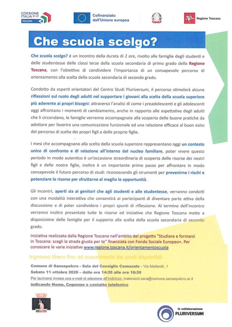 Orientamento scolastico: incontro gratuito per le classi terze della scuola secondaria di primo grado a Sansepolcro
