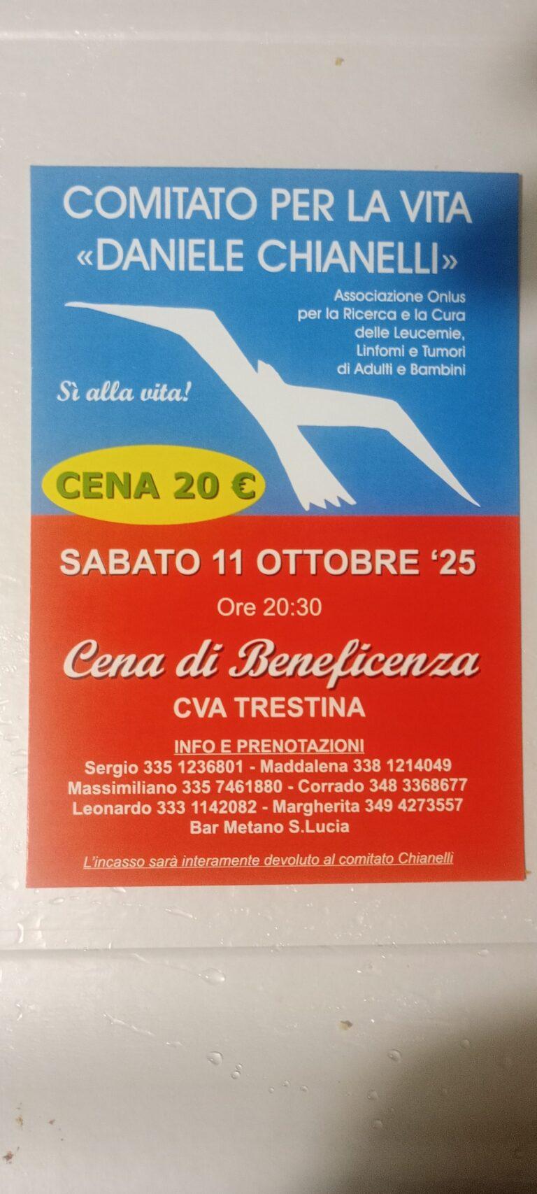 Cena di beneficenza per il Comitato per la Vita ‘Daniele Chianelli’: sabato 11 ottobre al CVA di Trestina