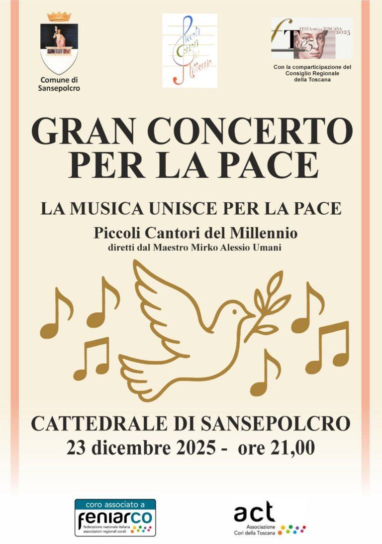 “Gran Concerto per la Pace”: la musica come linguaggio universale di dialogo e speranza martedì 23 dicembre 2025 alle ore 21.00, nella Cattedrale di Sansepolcro