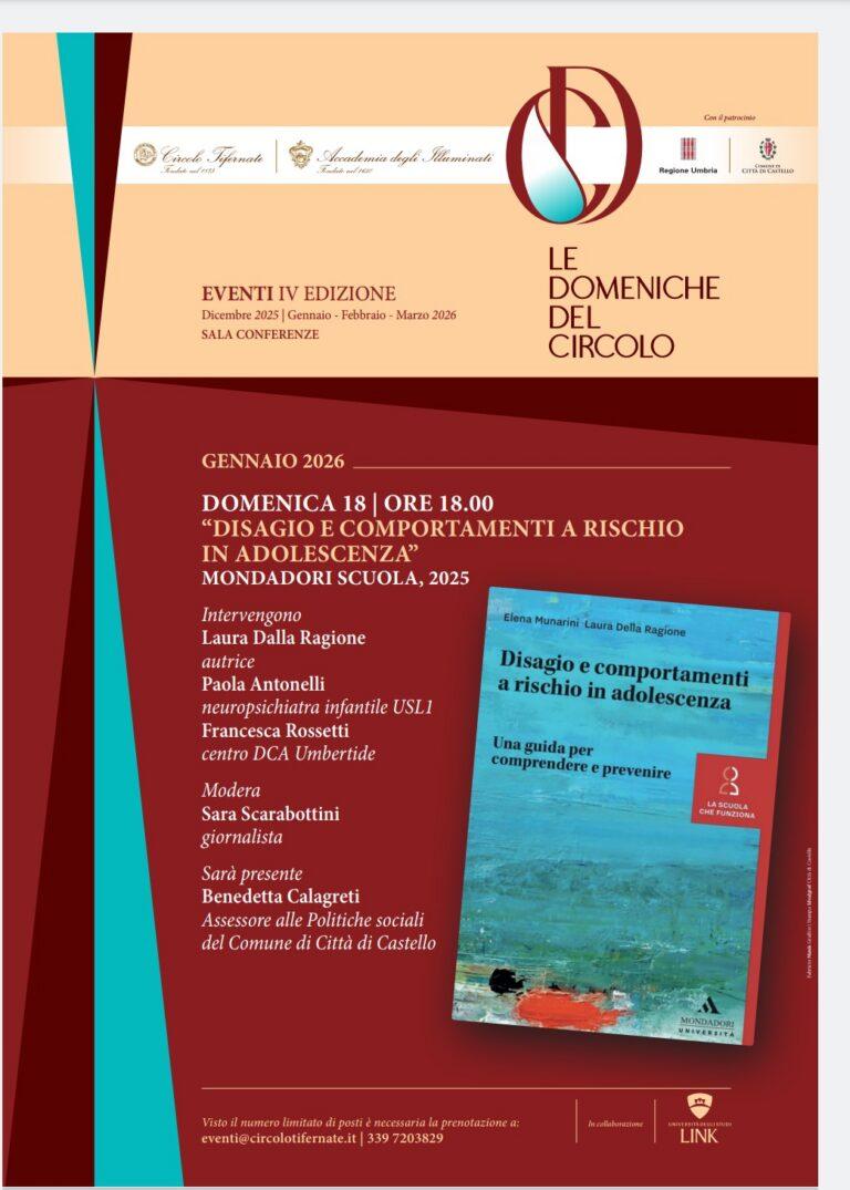“Disagio e comportamenti a rischio in adolescenza”:  domenica 18 gennaio alle 18.00, evento per Domeniche al Circolo con Laura Dalla Ragione e esperti della USL Umbria 1