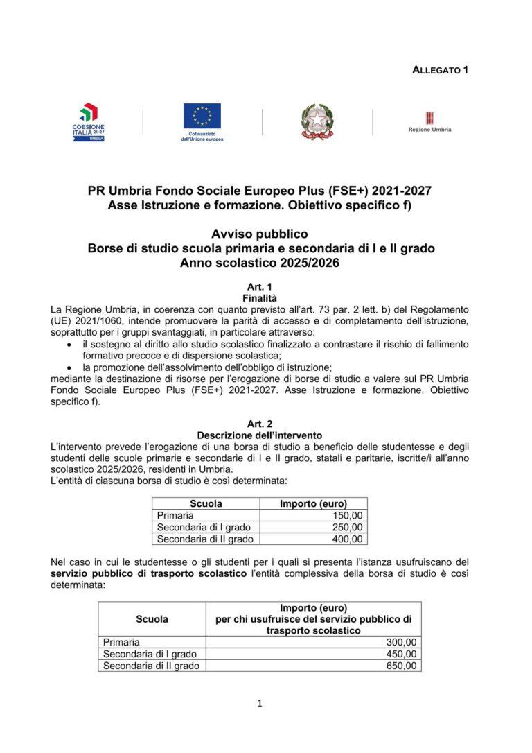 Borse di studio per studenti umbri: domanda entro il 28 febbraio