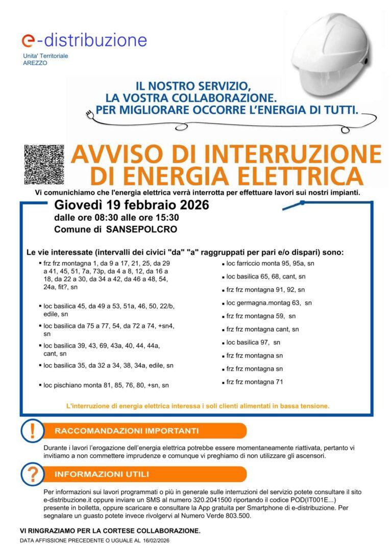 Sansepolcro: interruzione dell’energia elettrica giovedì 19 febbraio: lavori programmati da e-distribuzione