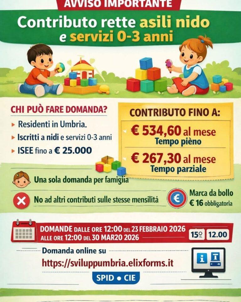Umbria, contributo per le rette dei servizi educativi 0–3 anni