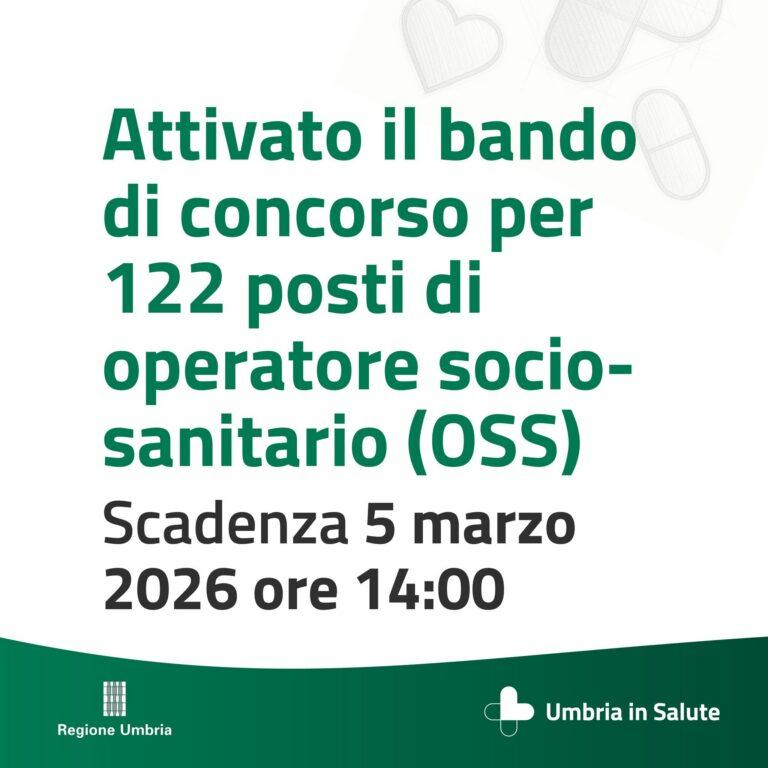 𝗦𝗮𝗻𝗶𝘁𝗮̀ 𝘂𝗺𝗯𝗿𝗮, 𝗰𝗼𝗻𝘁𝗶𝗻𝘂𝗮 𝗶𝗹 𝗽𝗶𝗮𝗻𝗼 𝗮𝘀𝘀𝘂𝗻𝘇𝗶𝗼𝗻𝗶: 𝗮𝘁𝘁𝗶𝘃𝗮𝘁𝗼 𝗶𝗹 𝗯𝗮𝗻𝗱𝗼 𝗱𝗶 𝗰𝗼𝗻𝗰𝗼𝗿𝘀𝗼 𝗽𝗲𝗿 𝟭𝟮𝟮 𝗽𝗼𝘀𝘁𝗶 𝗱𝗶 𝗼𝗽𝗲𝗿𝗮𝘁𝗼𝗿𝗲 𝘀𝗼𝗰𝗶𝗼𝘀𝗮𝗻𝗶𝘁𝗮𝗿𝗶𝗼