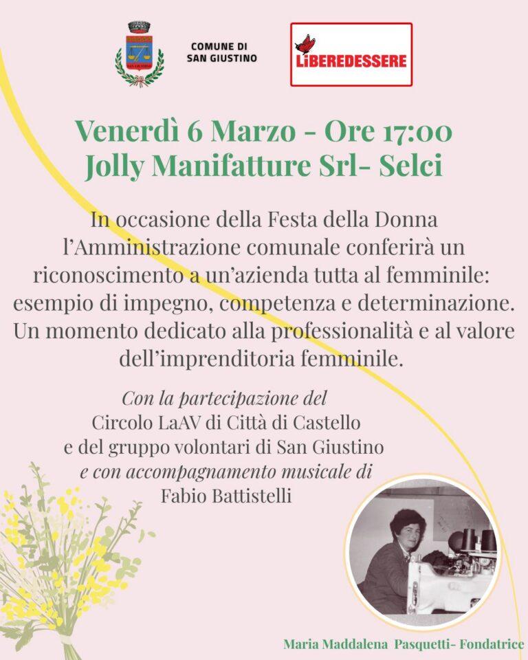 San Giustino celebra l’imprenditoria femminile: riconoscimento a Jolly Manifatture Srl per la Festa della Donna