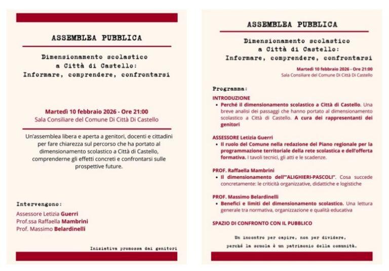 Dimensionamento scolastico a Città di Castello: genitori e Istituzioni a confronto in un’assemblea pubblica