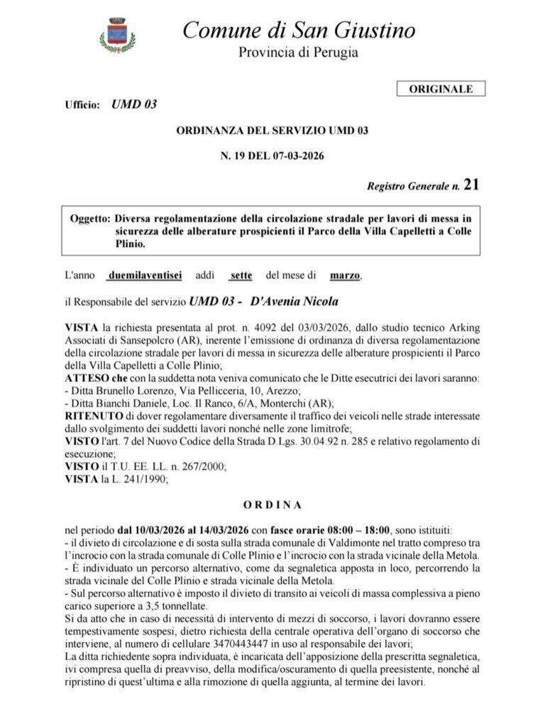 San Giustino, modifiche alla viabilità a Colle Plinio per lavori sulle alberature