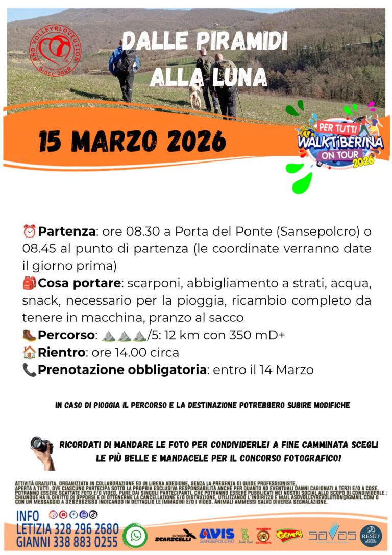 “Dalle Piramidi alla Luna”: il 15 marzo una camminata con WalkTiberina On Tour