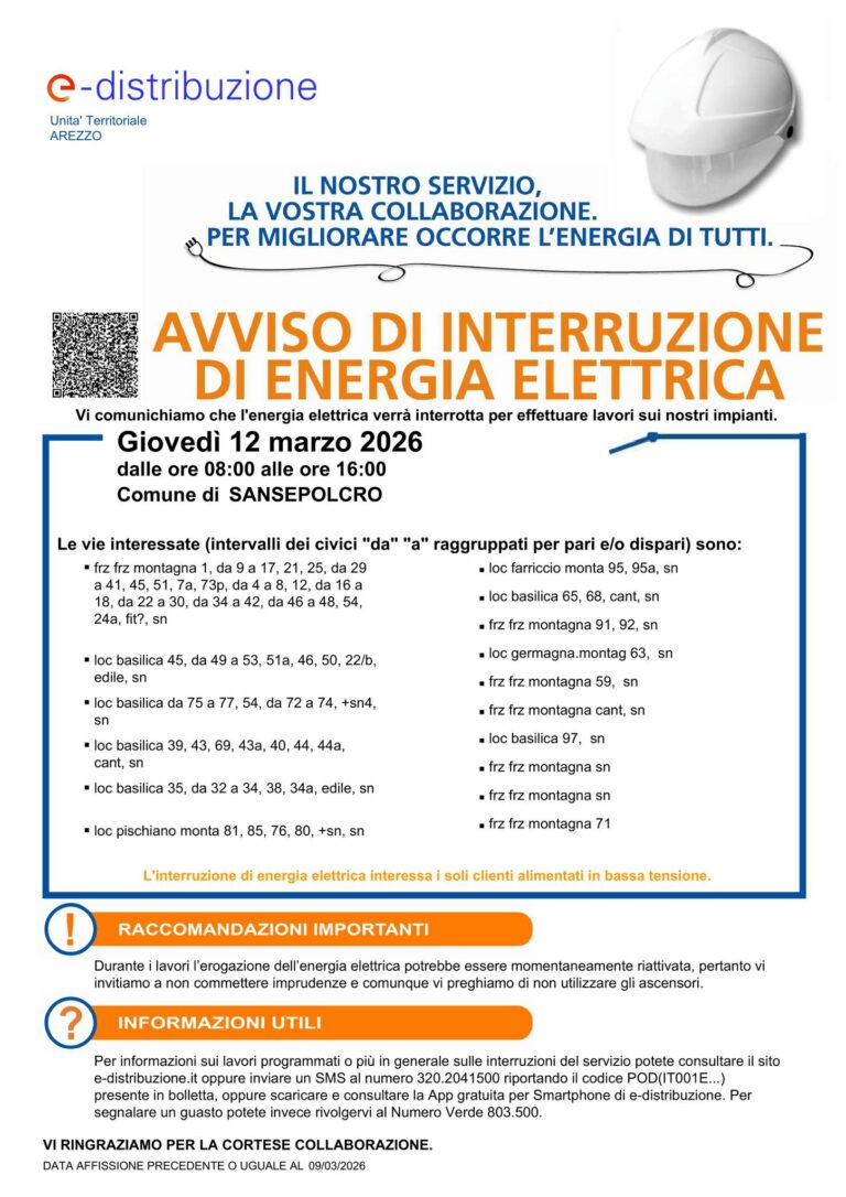 Sansepolcro, interruzione dell’energia elettrica giovedì 12 marzo in alcune vie della città