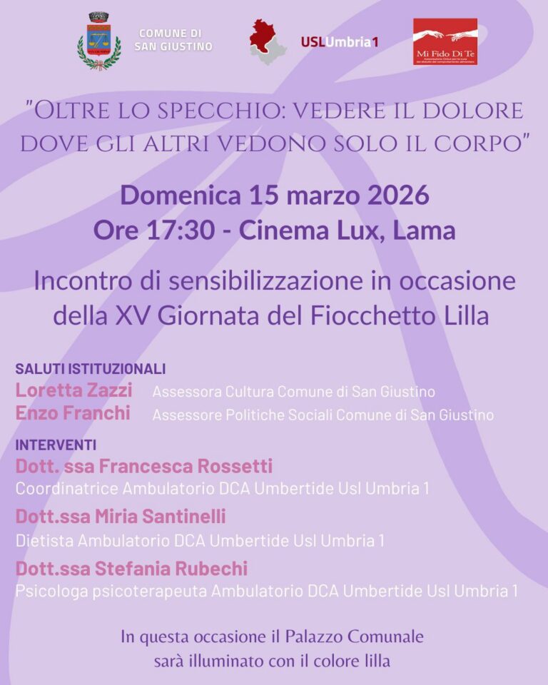 San Giustino, incontro di sensibilizzazione sui disturbi alimentari per la Giornata del Fiocchetto Lilla
