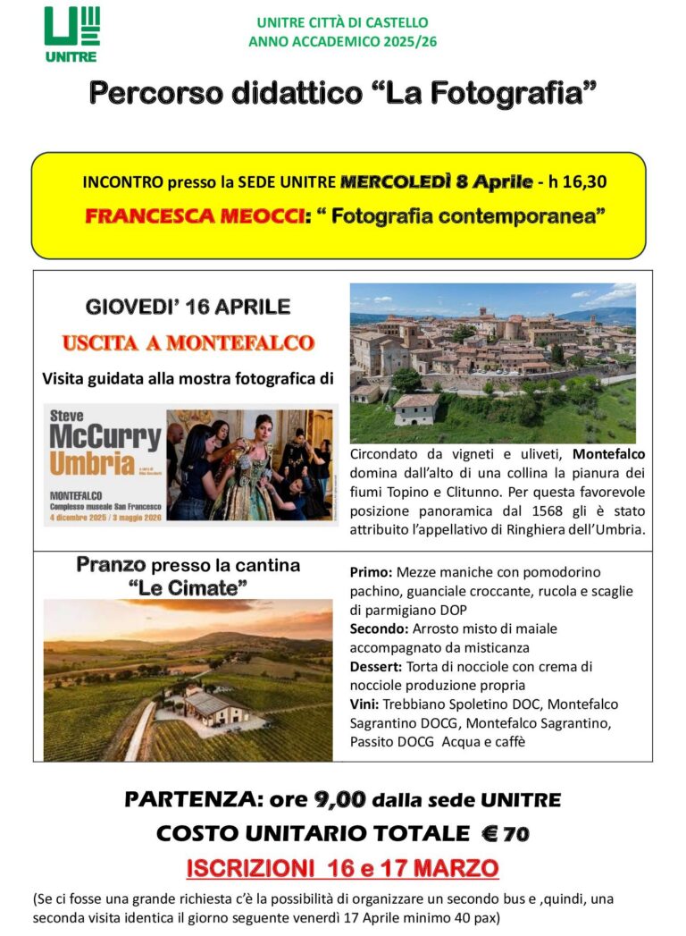 UNITRE Città di Castello: fotografia contemporanea e uscita culturale a Montefalco